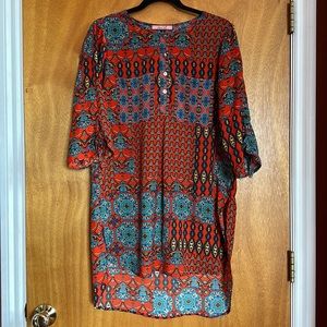 Red and turquoise 3/4 length sleeve TUNIC